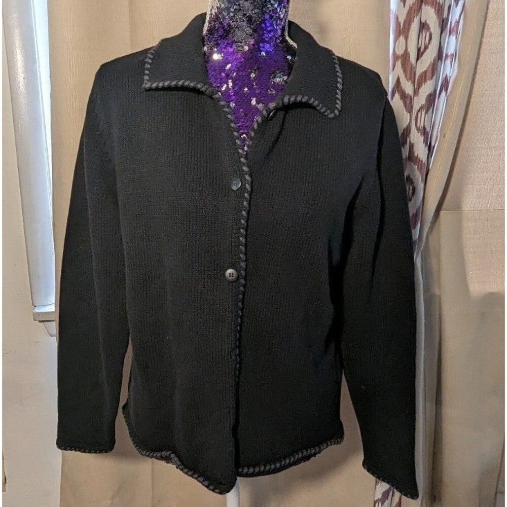 Charter Club Preppy Minimalist Large 100% Cotton Black &‎ Grey Cardigan Sweater